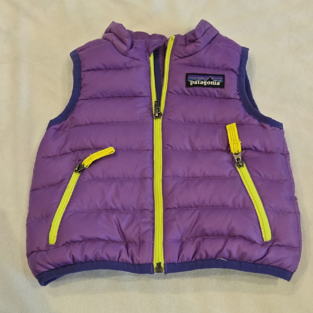 Patagonia Violet Puffer Vest with Neon Yellow Zippers